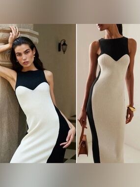 Mara Hoffman Aleks Black and Cream Colorblock Midi Knit Dress